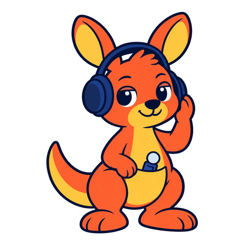 Roo wearing headphones, listening closely